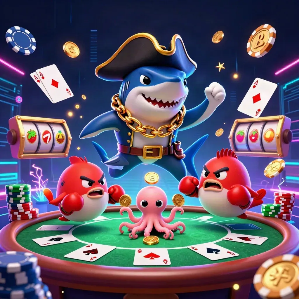 Pirate shark, boxing pufferfish, and coin-juggling octopus amid neon casino chaos.