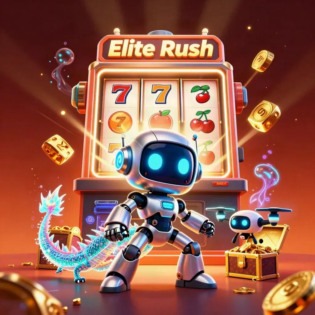 Chrome robot, holographic dragon, and coin drone amid jackpot slot chaos on a dark premium casino backdrop.
