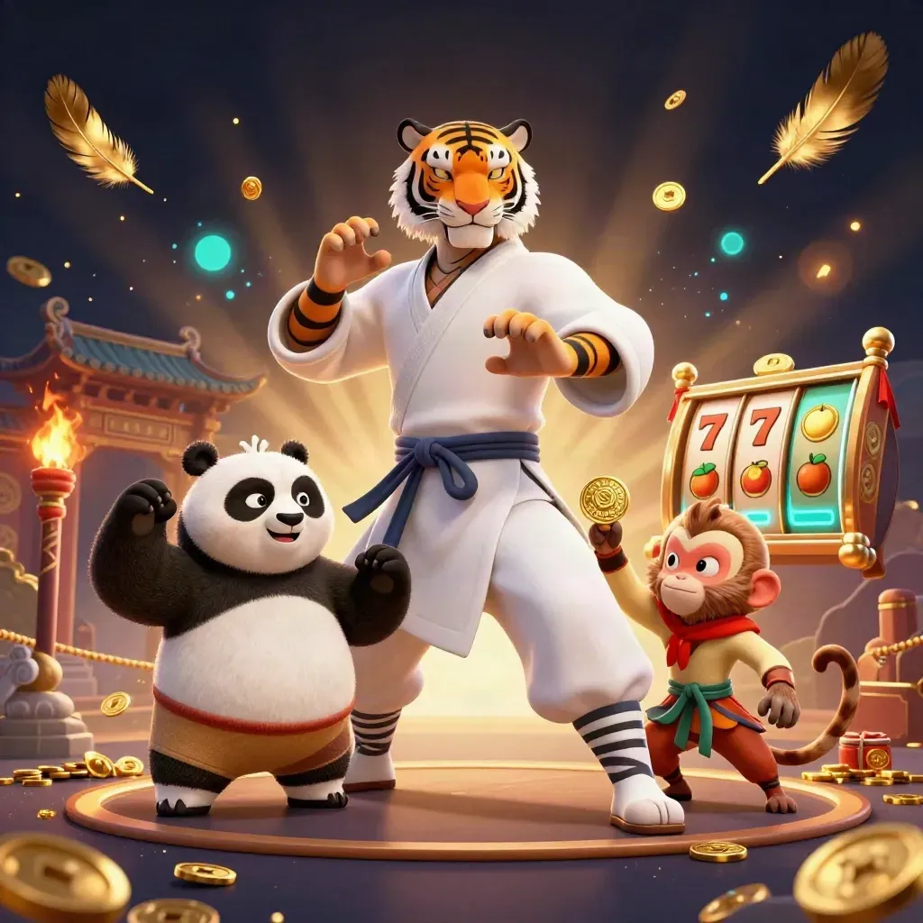 Kung-fu tiger, panda, and monkey in a glowing casino temple splash scene