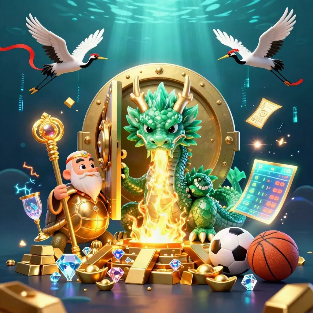 Emerald dragon, turtle sage, cranes, gold vault, and sports tokens in neon casino light.