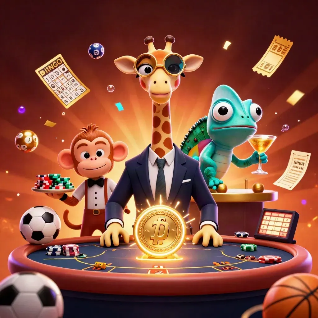 Giraffe, monkey, and chameleon at a glowing VIP poker table with flying casino rewards.