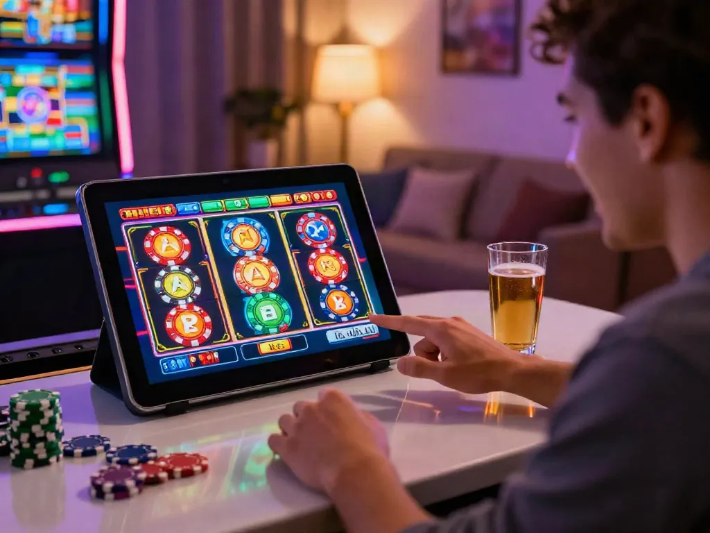 Excited player enjoying Casinos Sans depots on a tablet at home with vibrant gaming graphics.