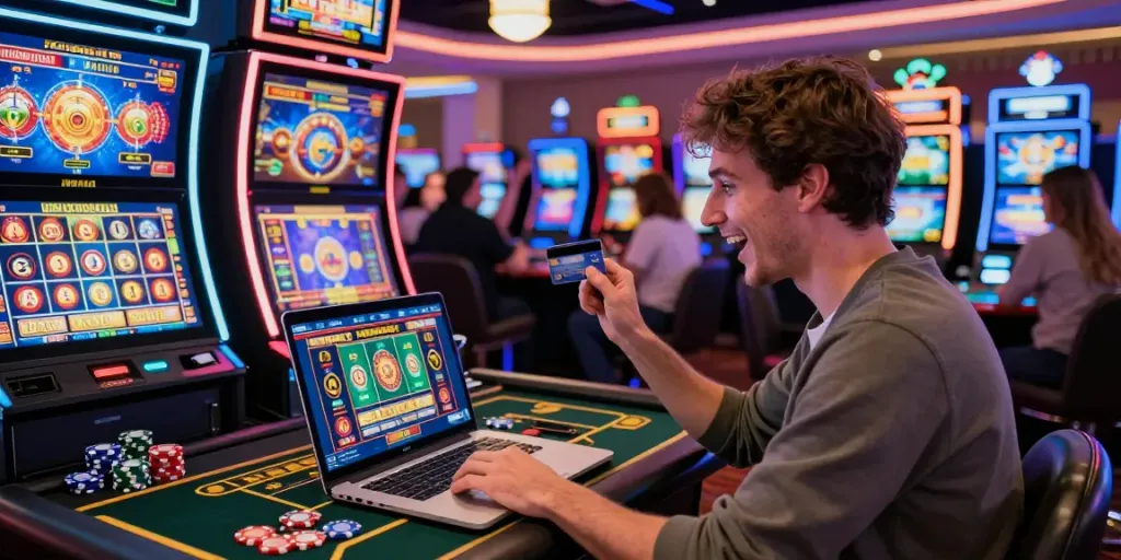 Player making a deposit at an online credit card casino, surrounded by vibrant games and excitement.