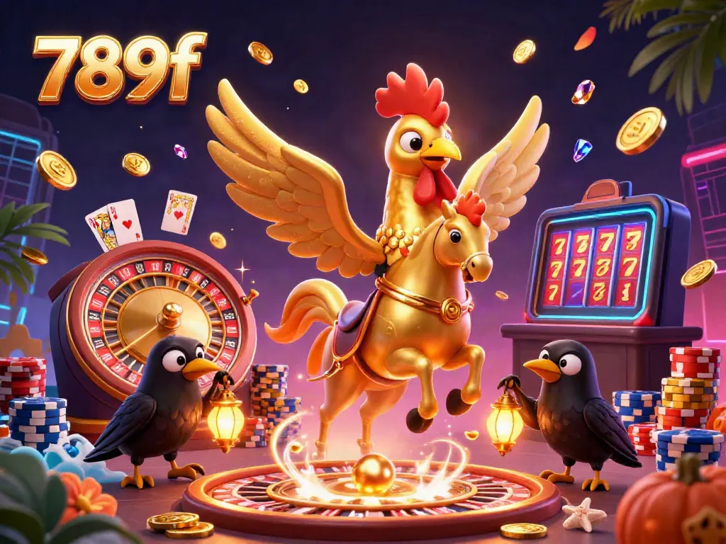 Experience the dynamic world of 789f with golden rooster riding through a vibrant casino scene, filled with cascading coins and luxurious playing cards.