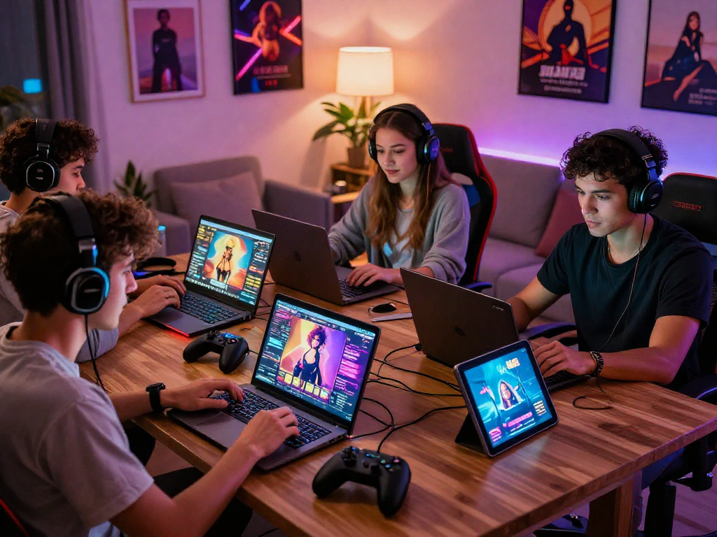 Engaged players enjoying a sex game online in a cozy living room.