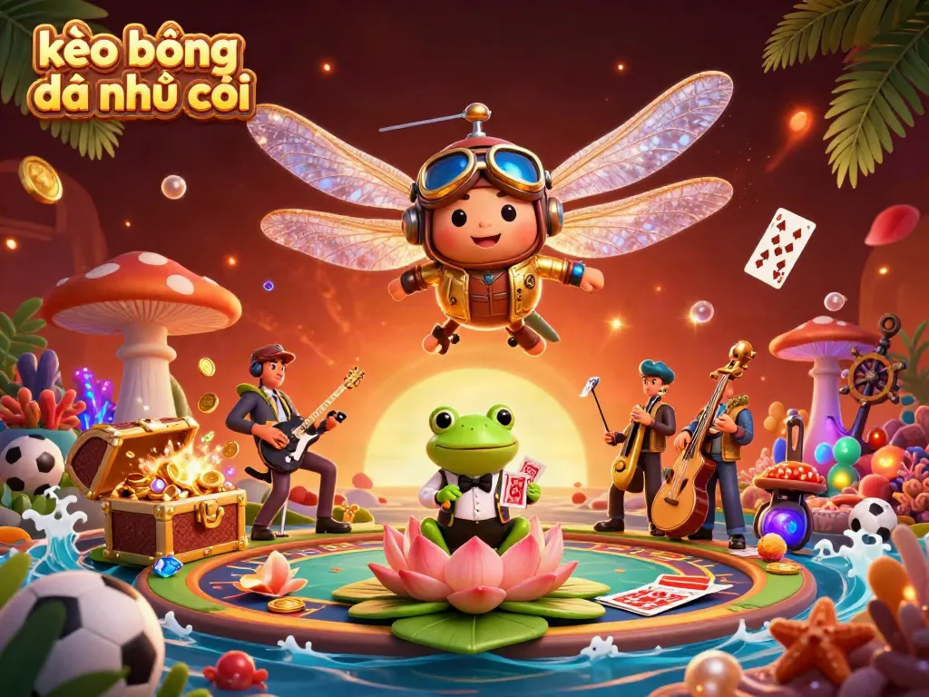 Engage with the dynamic scene featuring kèo bóng đá nhà cái, showcasing a dragonfly pilot and frog croupier amidst vibrant sports betting elements.