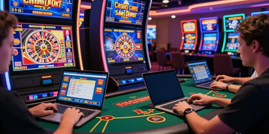 Engaging Casino sans Depot scene showcasing a player enjoying multiple devices in a vibrant online gaming atmosphere.