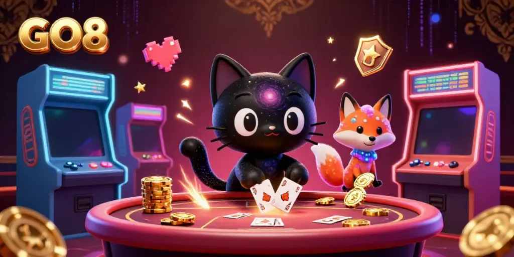 GO8 cat attracts casino chips and cards in a cosmic gaming scene.