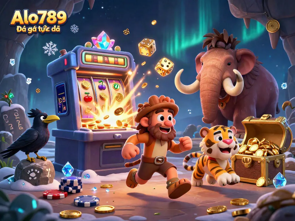 Alo789 Đá gà trực tiếp showcases a caveman duo managing a unique casino scene full of engaging elements.