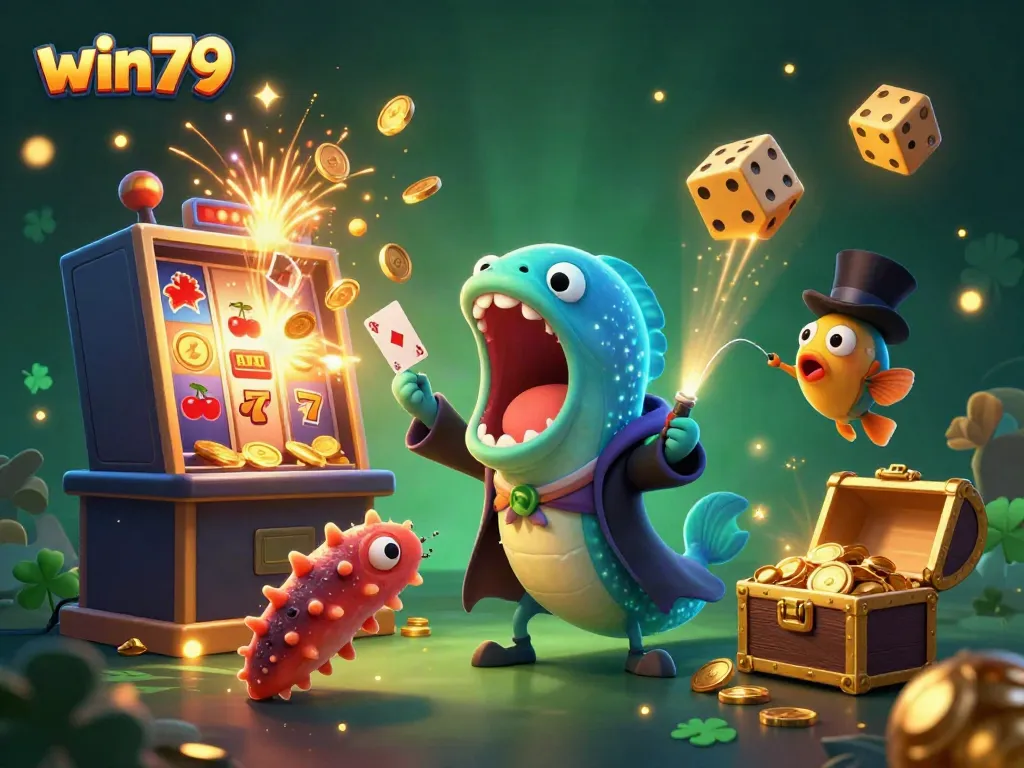 Experience the magic of win79 casino games with a vibrant 3D scene showcasing card tricks and jackpots.