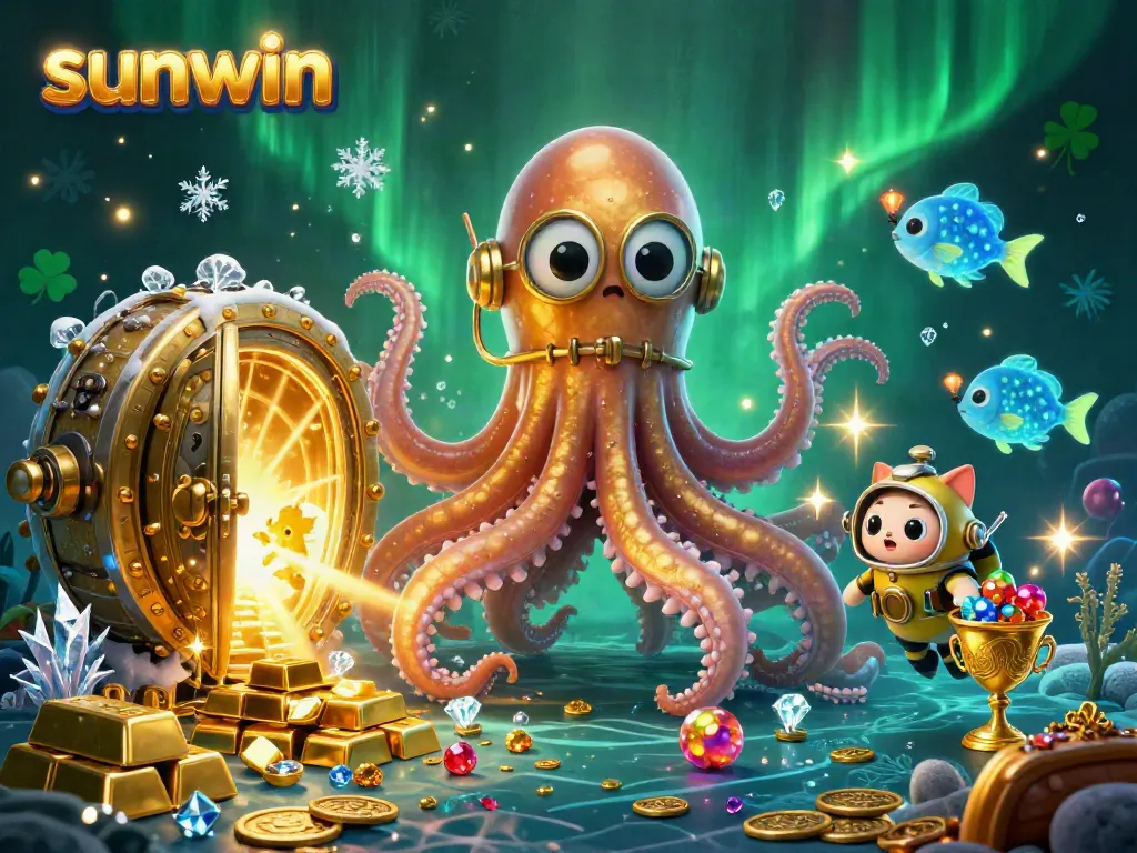 Experience the thrilling universe of sunwin with an ultra-detailed 3D illustration showcasing a kraken and treasure.