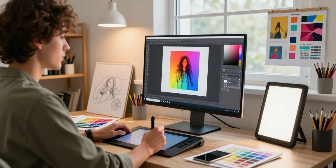 Designer using 'Image To Image' techniques in a vibrant digital art workspace, showcasing creativity and inspiration.