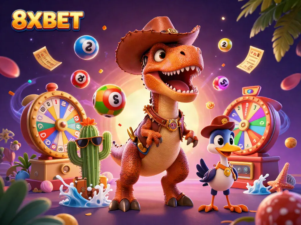 Experience dynamic fun with 8XBET through a vibrant 3D casino scene of colorful games and characters.