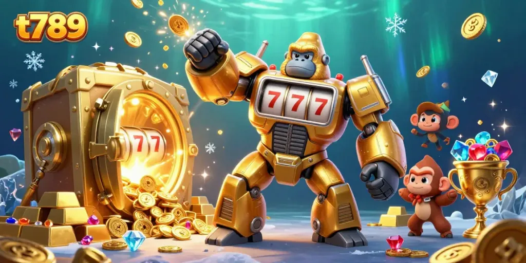 Engage in thrilling gaming at t789 with a golden gorilla mech, coins, and treasure.