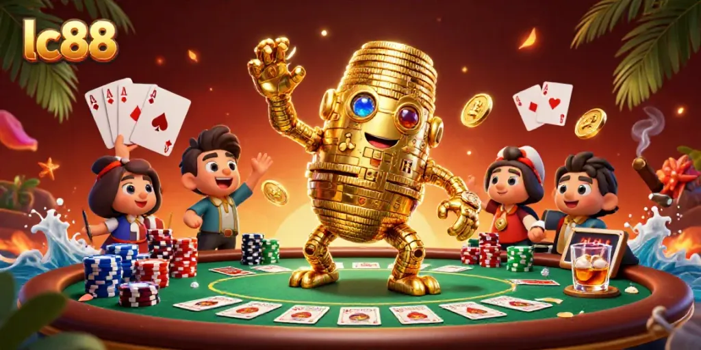 Experience the thrill of lc88 with a vibrant 3D illustration showcasing a golden golem and poker elements.