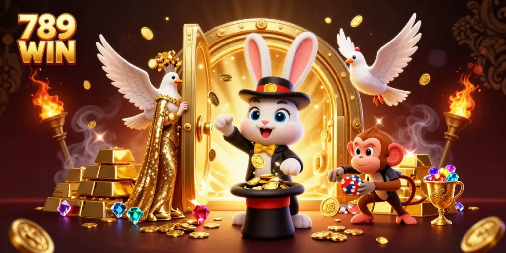Experience the thrill of 789 WIN with the magician rabbit and dynamic casino elements in vibrant 3D.