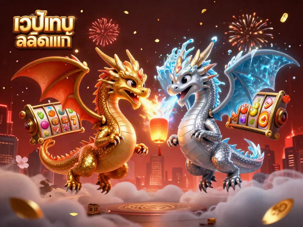 Engage with เว็บเกมสล็อตแท้ featuring dynamic 3D dragons, slot reels, and vibrant casino elements.
