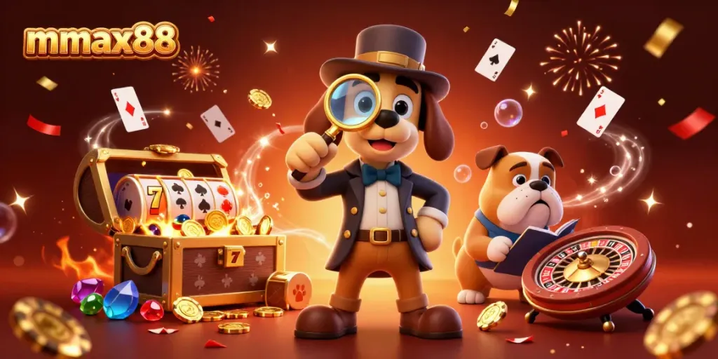 Engage in thrilling gameplay at mmax88 with a detective dog uncovering poker treasures among festive casino elements.