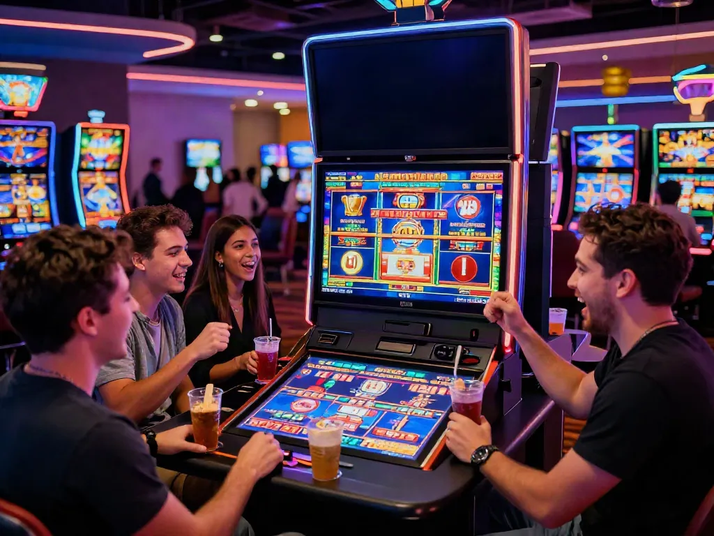 Diverse group enjoying slots at i24Slots Casino with vibrant atmosphere.