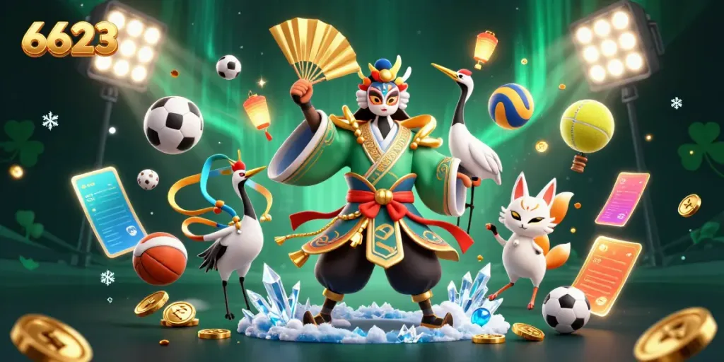 Engage in thrilling sports betting at 6623 with a vibrant 3D illustration of iconic characters and casino elements.
