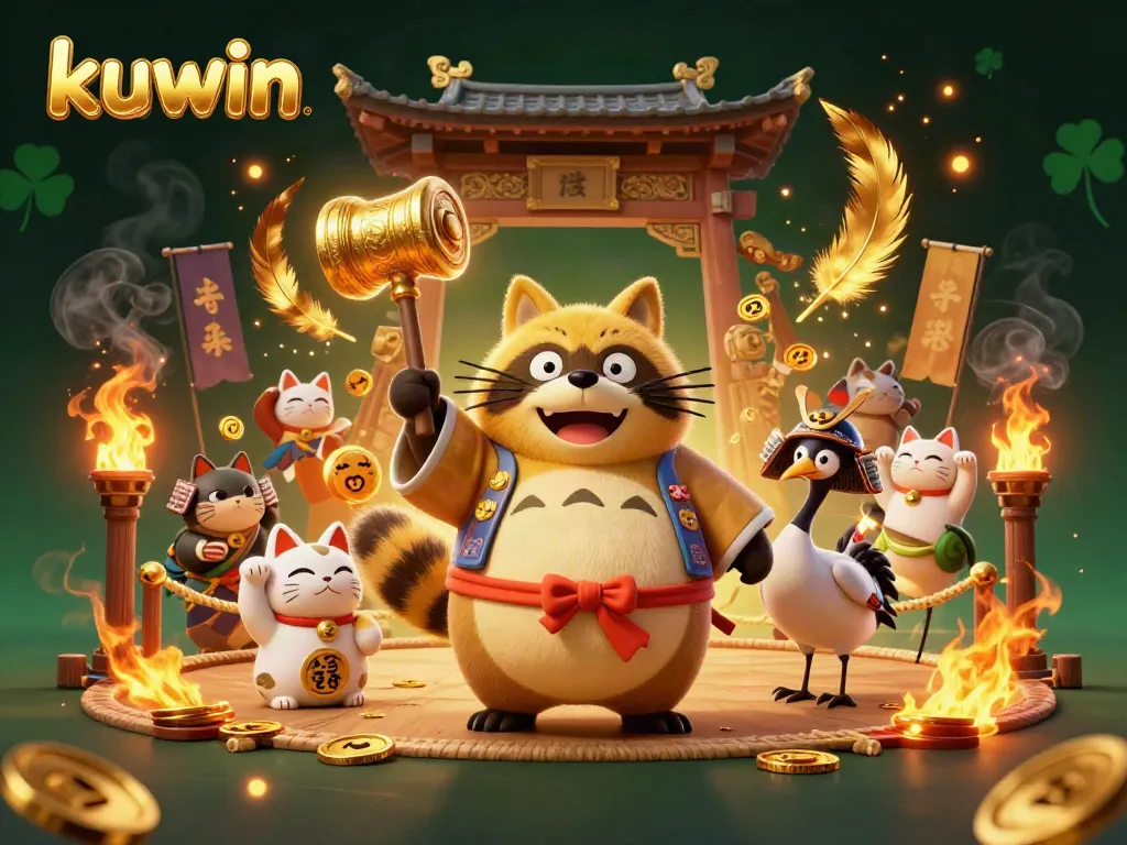 Engage in stylish kuwin gambling adventures with cheerful tanuki and samurai crane characters in vibrant casino illustration.