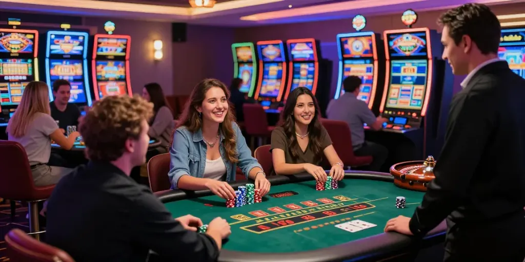 Diverse group engaged in casino gaming activities, highlighting Casino En Ligne experience in 2026.