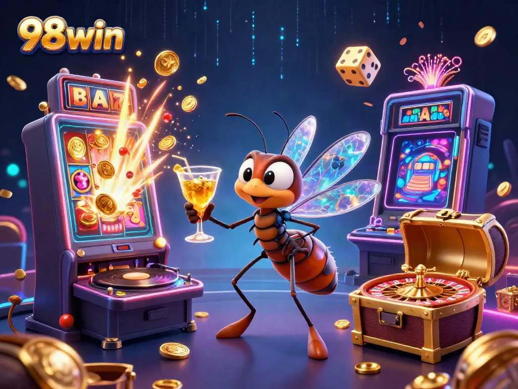 Engage in thrilling casino action with 98win's vibrant 3D illustration showcasing a lively roulette and slot scene.
