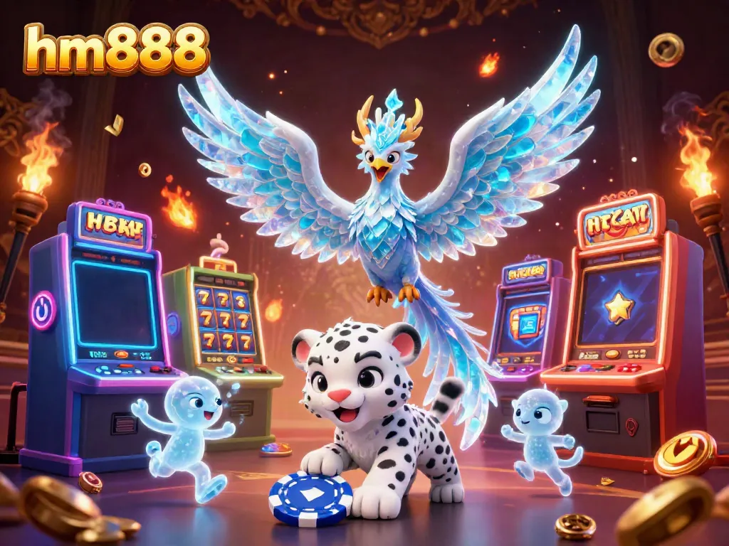 Experience the vibrancy of hm888 with a spirited scene of an ice phoenix, slot machines, and poker elements shimmering with excitement.