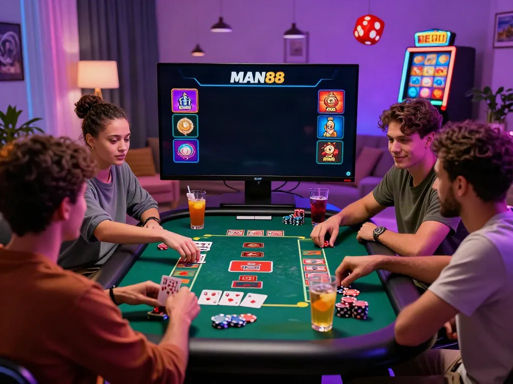 Exciting online gaming scene at MAN88 with friends enjoying table games.
