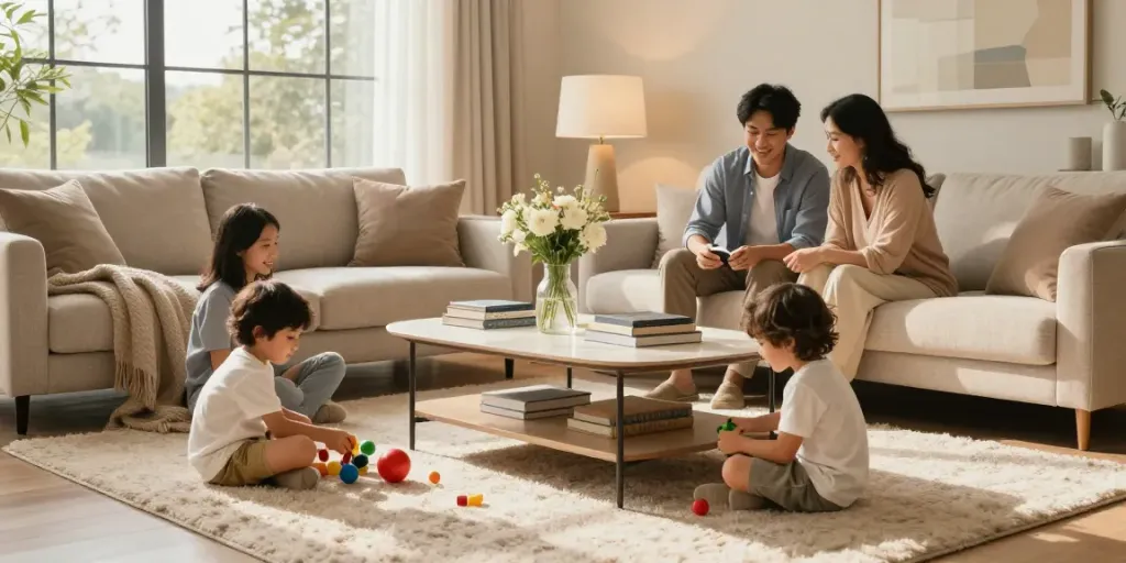 Cozy family living room with stylish sofa table and natural light, Home The Spruce.