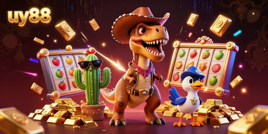 Engage with uy88's vibrant casino thrills featuring 3D cartoon characters amidst golden treasures and slot elements.