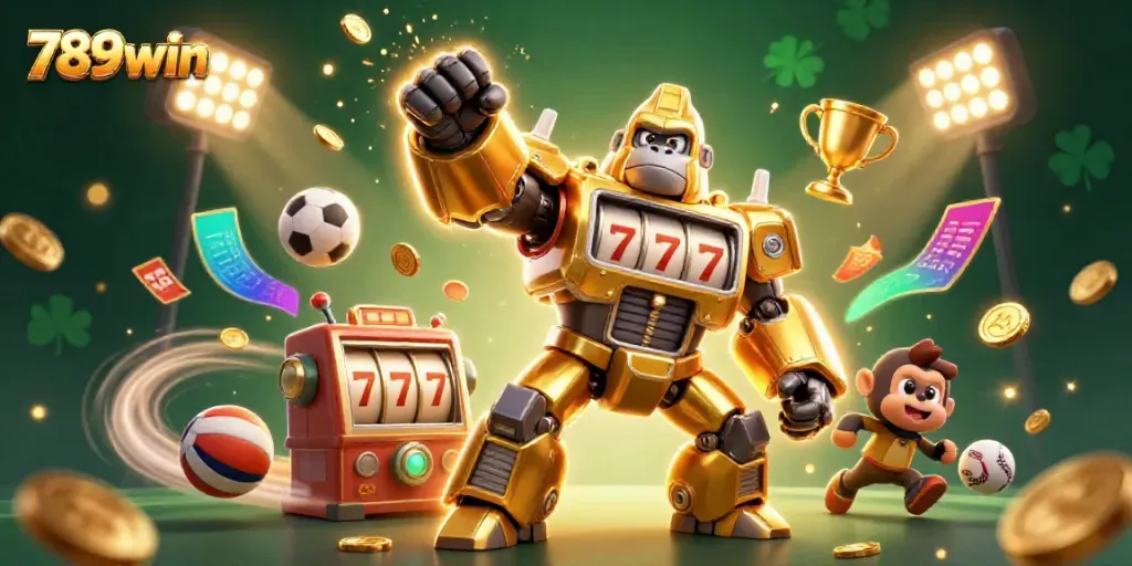 Engage in thrilling gameplay at 789win with dynamic sports-themed elements and a mech-inspired gorilla.