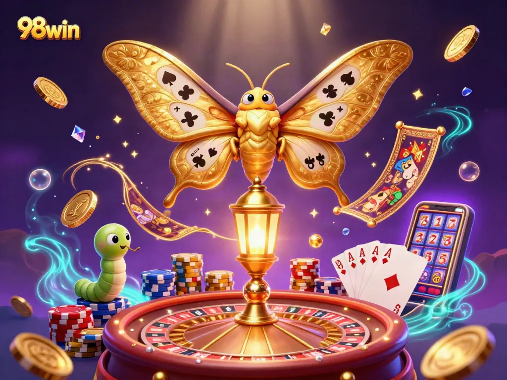 Bet on 98win with vibrant casino elements featuring golden moth, coins, and roulette wheel.