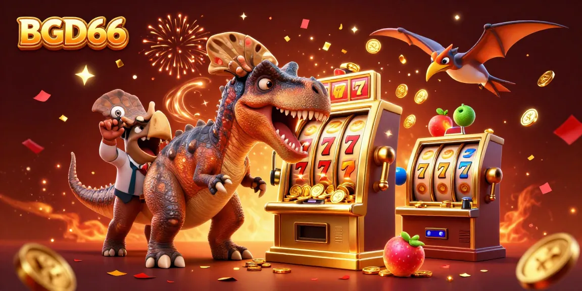 Experience BGD66's jackpot excitement as playful dinosaurs celebrate coin wins in an animated casino.