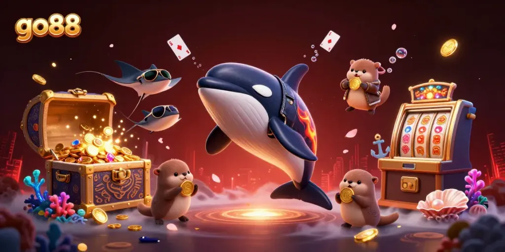 Go88 online casino scene featuring a dynamic orca whale, stingray, and otters with coins, exploding treasure.