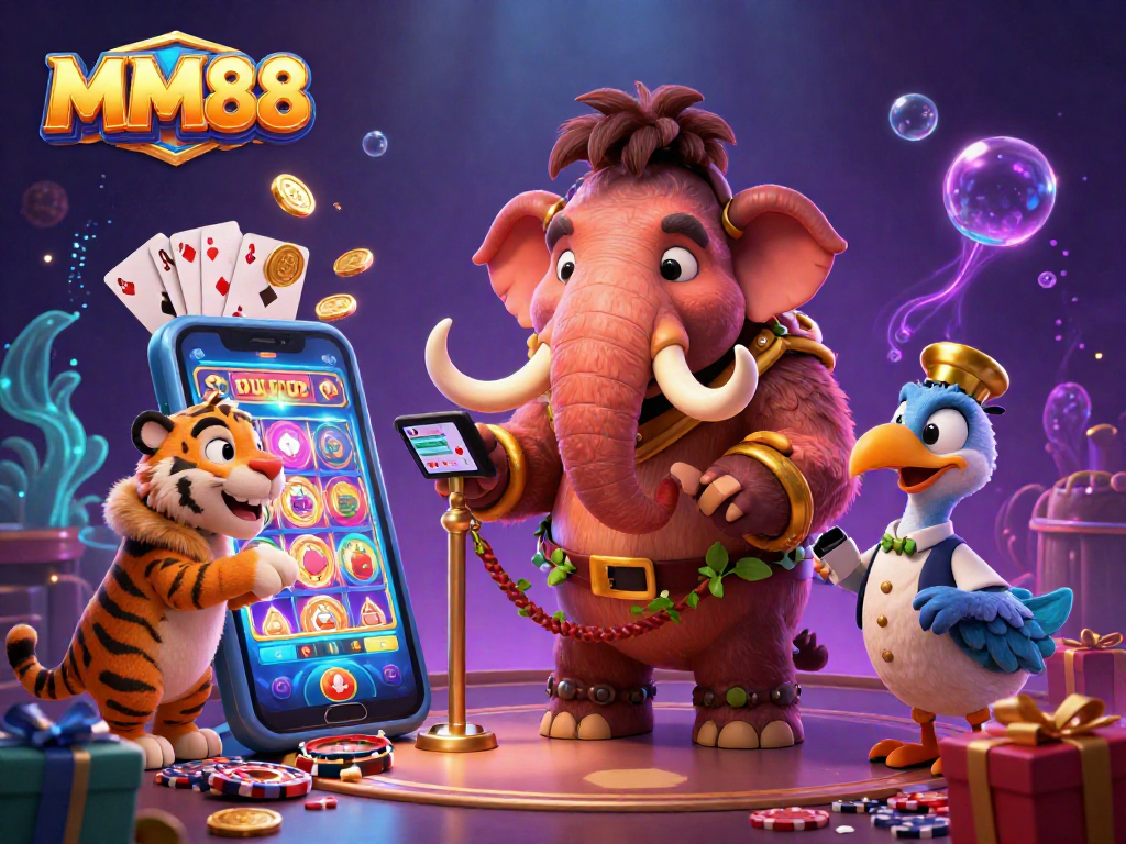 Join the excitement at MM88's casino with a vibrant scene showing the woolly mammoth bouncer checking IDs.