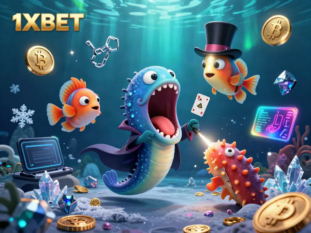 Experience thrilling moments at 1XBET with vibrant 3D casino characters and glowing crypto elements.