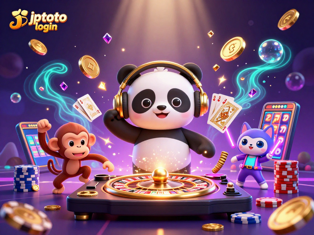 Experience the energetic jptoto login scene with a cartoon DJ panda and vibrant casino elements.