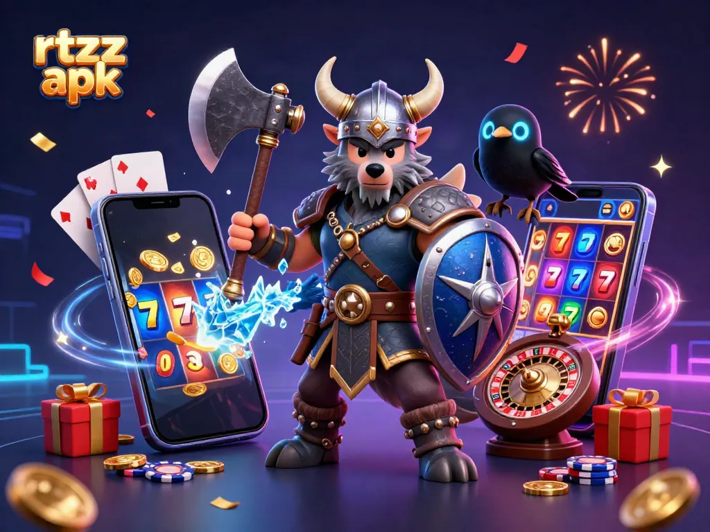 Experience thrilling adventures with RTZZ apk as a Viking wolf warrior battles alongside a fierce dragon and cartoon raven.